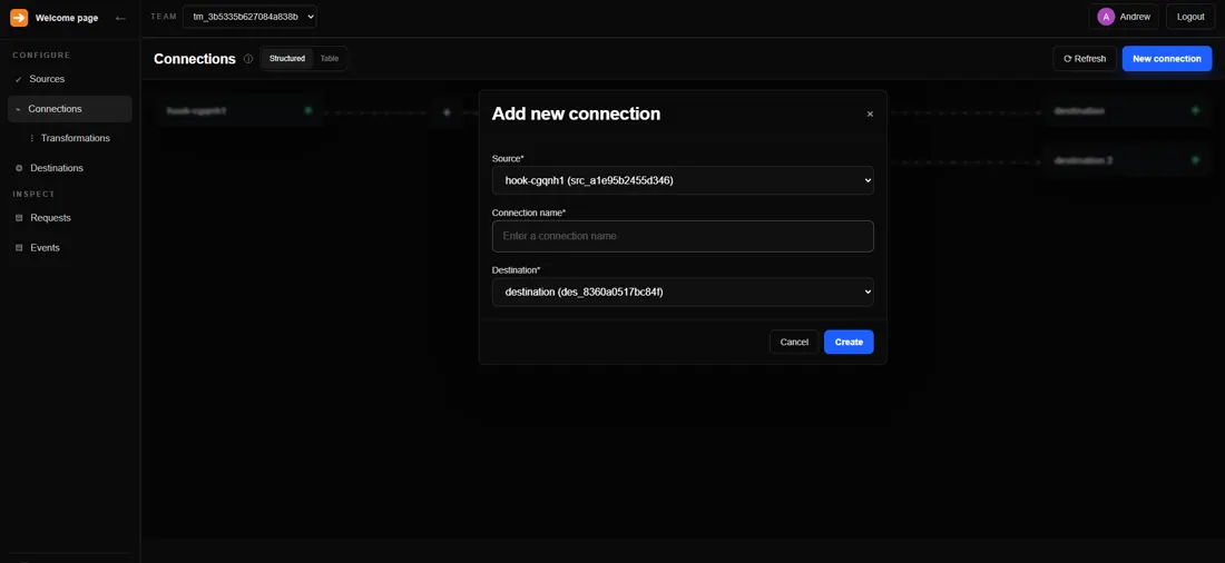 Create a FastHook connection in the dashboard